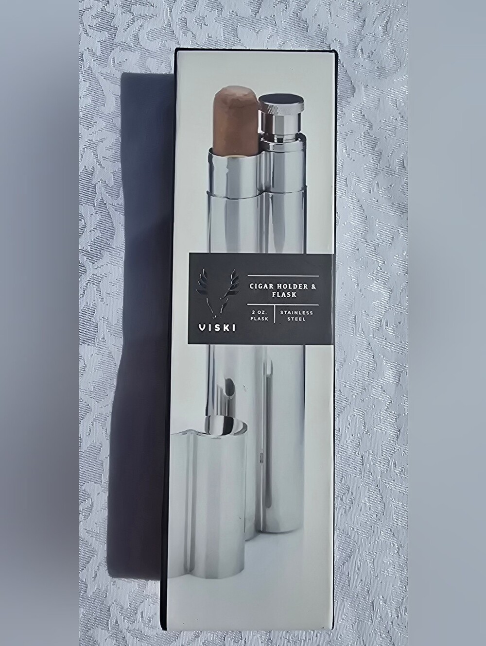 Viski Stainless Steel Cigar Holder & Flask in Silver Earnest Hemingway Erched